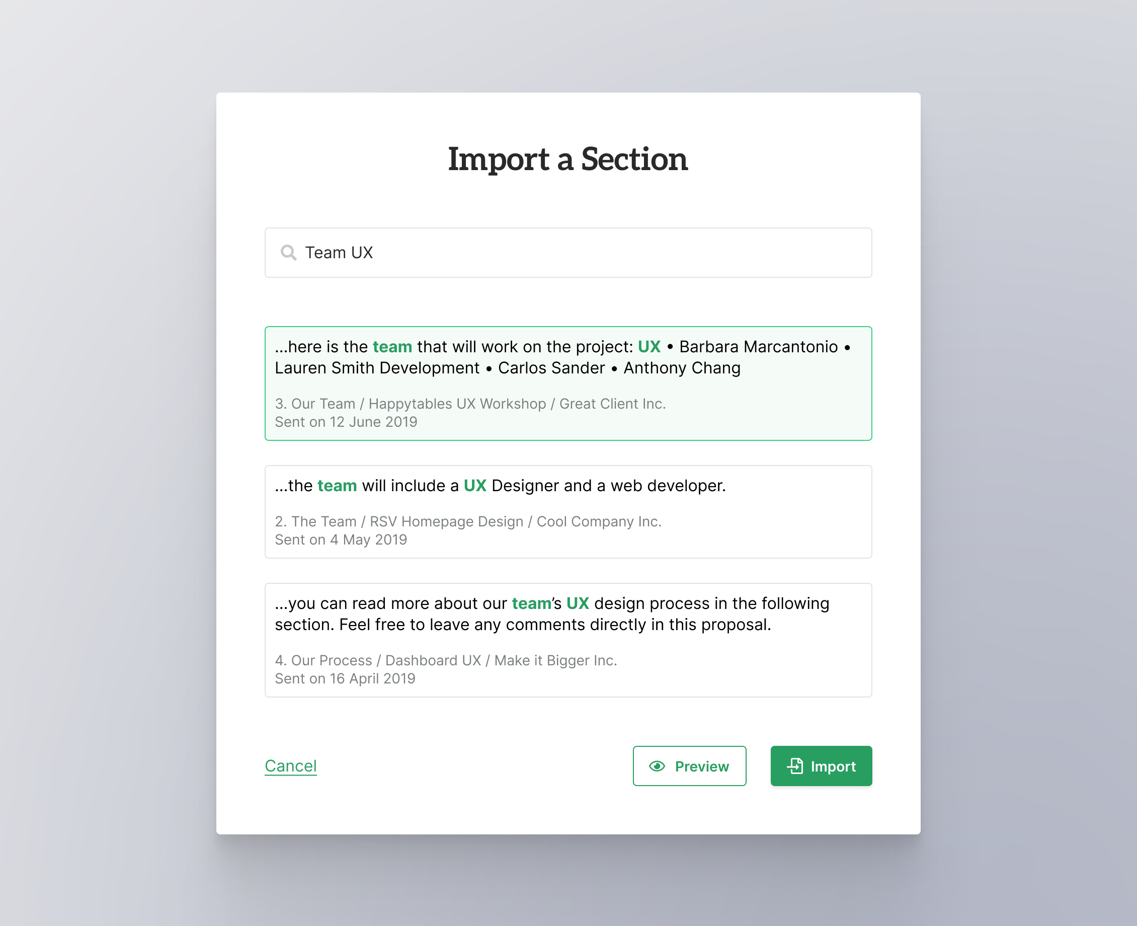 Import section pop-up